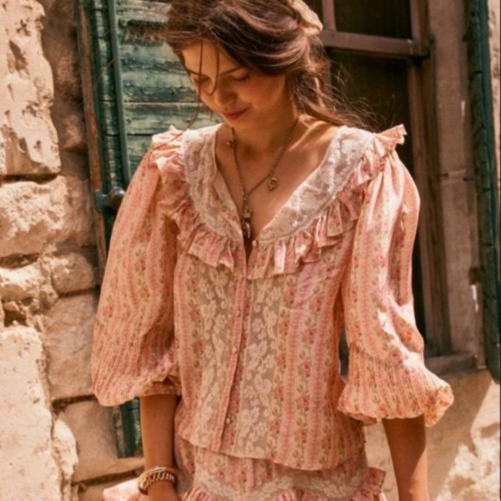 LoveShackFancy Floral Lace Trim Blouse - Pink